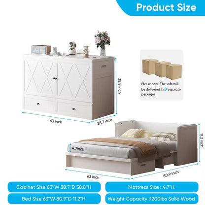 Mjkone Queen Size Murphy Bed with Charging Station & Storage Drawer,Space-Saving Design,Optional Mattress