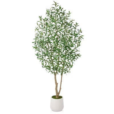 7FT Artificial Olive Tree with White Planter and Silk Leaves, Faux Potted Tree with Realistic Fruits, Tall Fake Floor Plant for Indoor Home Decor