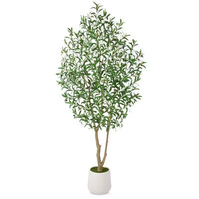 7FT Artificial Olive Tree with White Planter and Silk Leaves, Faux Potted Tree with Realistic Fruits, Tall Fake Floor Plant for Indoor Home Decor