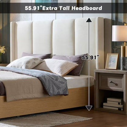 King Size Upholstered Platform Bed with 2 Footboard Storage Drawers,Vertical Channel Tufted Headboard,No Box Spring Needed,Easy Assembly,Beige