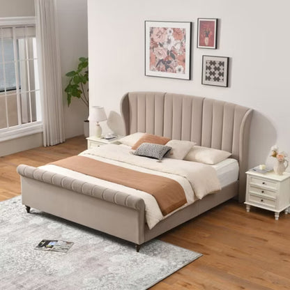 King Size Platform Bed Frame 54" Tall Curved Wingback Headboard,Velvet Upholstered,Wooden Slats,Noise-Free ,No Box Spring Needed,Easy Assembly,Taupe