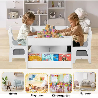 Kinder King Kids Wood Table & 2 Chairs Set, 4 in 1 Children Activity Table w/Double Bookcase, Blackboard, Toddler Furniture Set