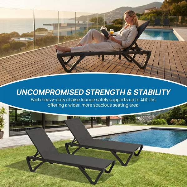 Set of 2 Outdoor Patio Chaise Lounge Chairs, 5-Position Adjustable Poolside Sun Lounger, 400 lbs Weight Capacity, Obsidian Black
