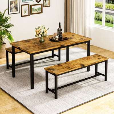 Hooseng 47.2'' 3-Piece Dining Table Set for 4 with 2 Benches, Farmhouse Wood Grain Kitchen Breakfast Table & Chair Set for Kitchen, Apartment