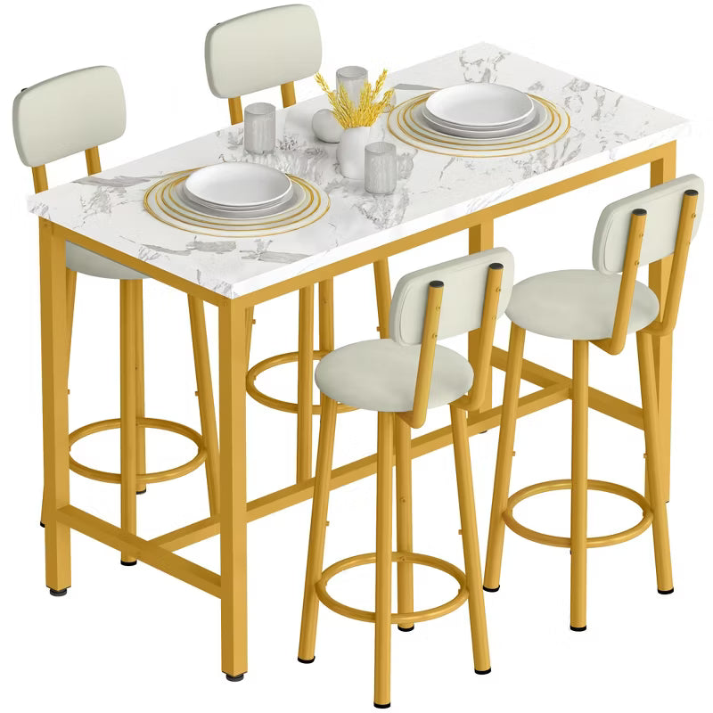 Hooseng Modern Farmhouse Style 5 Piece Dining Table Set with MDF Top, Metal Frame and Upholstered Bar Stools, 4-Person Dining Room Table Set for 2