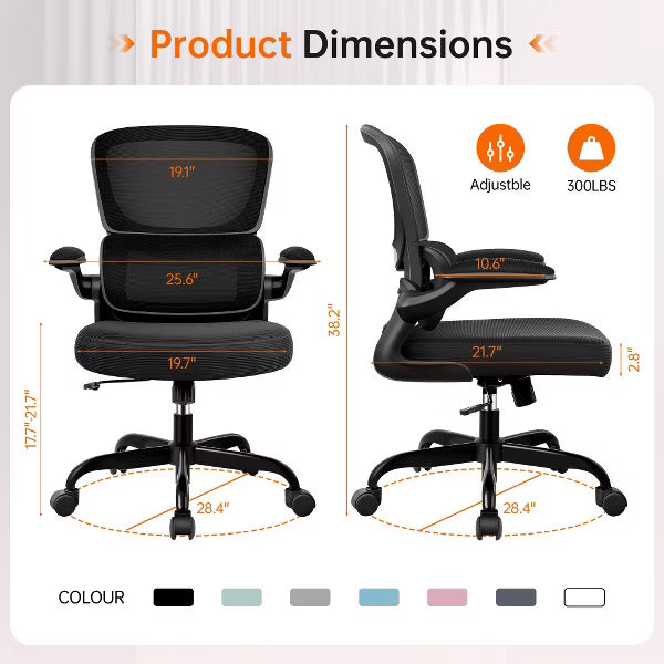 KERDOM Office Chair, Breathable Mesh Comfy Chair with Lumbar Support, Flip-up Armrests, Desk Chair for Adults Home Office, Black
