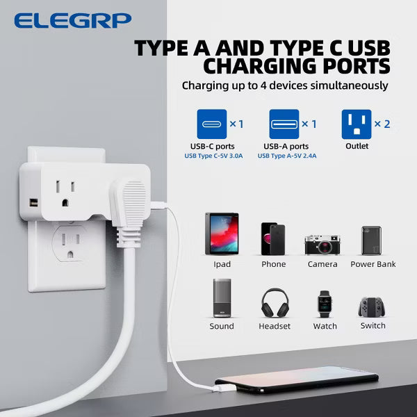ELEGRP USB Wall Outlet Extender, with 21W USB C and USB A Ports, Electrical Outlet Extender Wall Tap for Travel, Home and Office, 125V