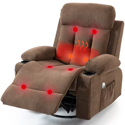 Bosmiller Rocker Recliner Chair with Vibration Massage and Heat, 360 Swivel Rocking, Ergonomic Lounge Chair with Side Pocket, Cup Holders, Brown