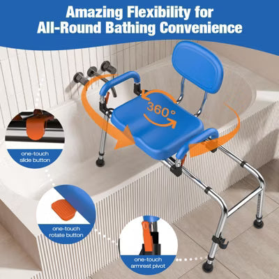 WHLICKS Sliding Shower Chair with Wide 360 Swivel Seat, 450lbs Tub Transfer Bench for Bathtub, Adjustable Height and Arms Width Shower Seat