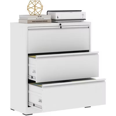 Munora - 3-Drawer Lateral File Cabinet with Lock - Wide Storage for Letter/Legal/A4 Files - White