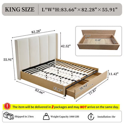 King Size Upholstered Platform Bed with 2 Footboard Storage Drawers,Vertical Channel Tufted Headboard,No Box Spring Needed,Easy Assembly,Beige