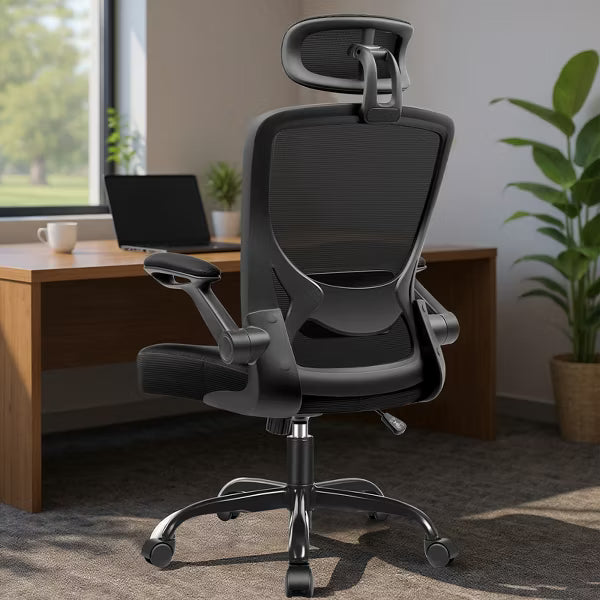 KERDOM High Back Ergonomic Office Chair, Breathable Mesh Desk Chair with Headrest and Flip-up Arms for Office, Black
