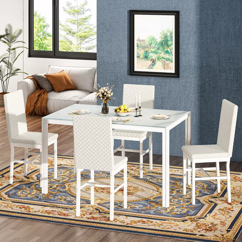 Hooseng Modern Luxurious Style 5/7 Piece Dining Room Table Set, Tempered Glass Top Dining Table Set for 4/6, Metal Frame And Upholstered Dining Chairs