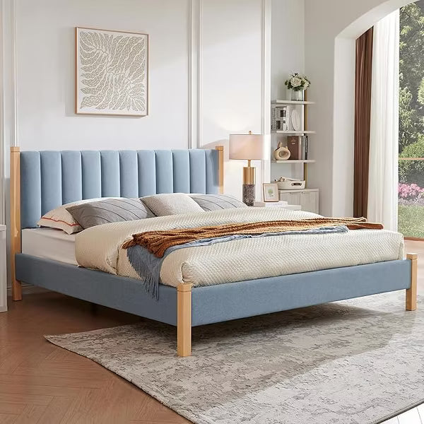 LEOVSNOVE King Size Upholstered Platform Bed Frame Vertical Channel Tufted Headboard Noise Reduction No Box Spring Needed Easy Assembly Light Blue