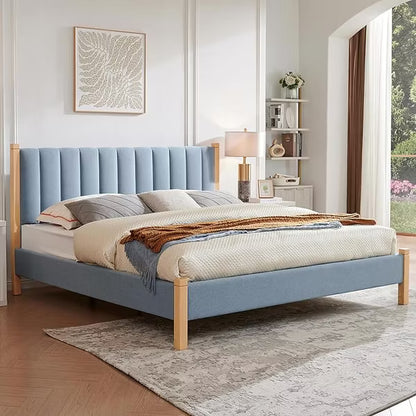 LEOVSNOVE King Size Upholstered Platform Bed Frame Vertical Channel Tufted Headboard Noise Reduction No Box Spring Needed Easy Assembly Light Blue