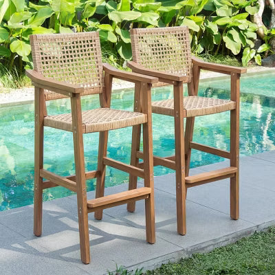 Fortune Candy 3 PCS Outdoor Bar Set, Poly Lumber (HIPS) with PE Rattan Back & Seat, Teak Finish, for Patio, Poolside & Balcony