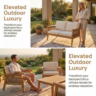4-Piece Acacia Wood Patio Conversation Set with Rope Woven Chairs, Cushions & Coffee Table, Teak Beige
