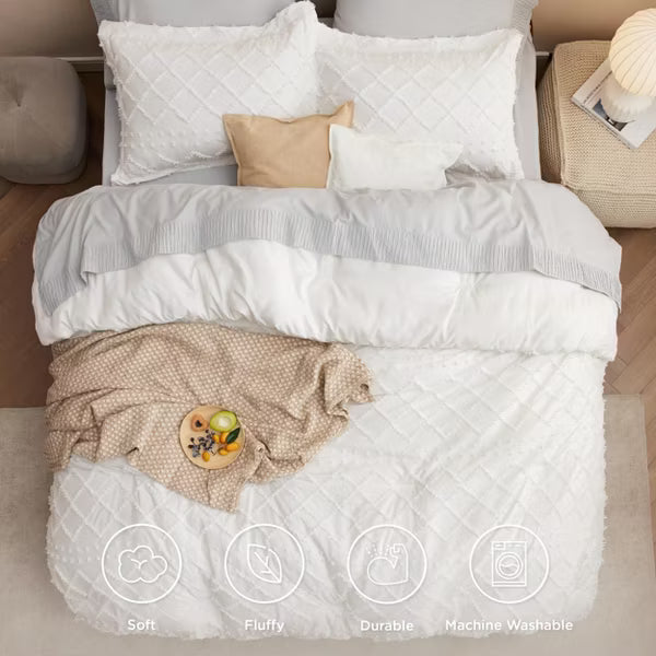 3Pcs Comforter Bedding Set with Intricate Solid Embroidery Boho Tufted Shabby Chic Bedding