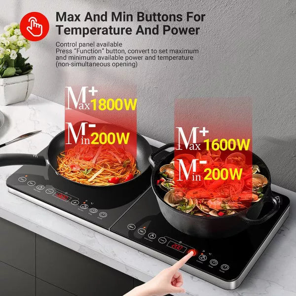 Induction Cooktop with 2 Burner,10 Temperature Levels & 8 Power Levels,240 Mins Timer, 1800W Double induction hotplate with Safety Lock,Touch Control
