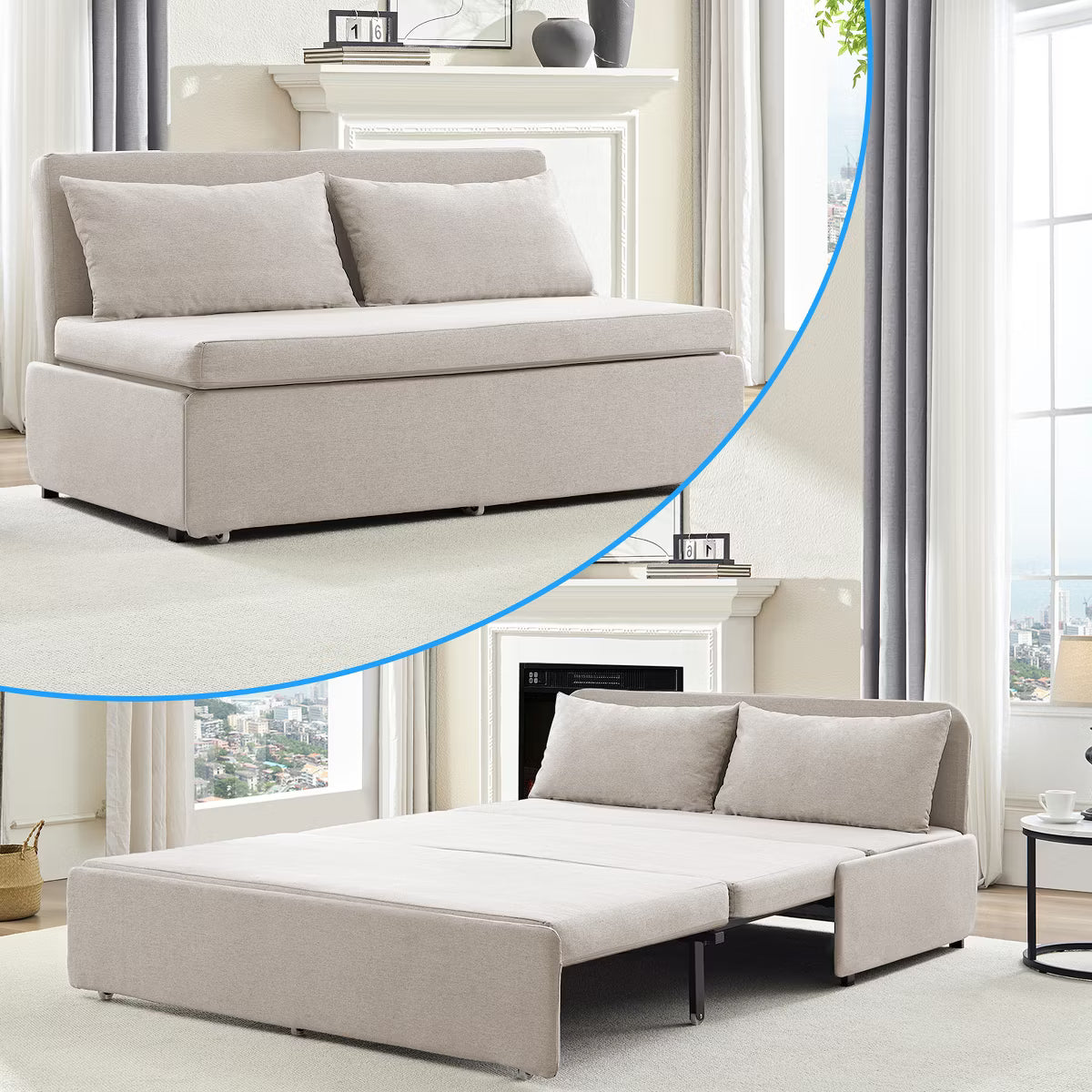 Mjkone Full/Queen Size Sofa Bed, 2 in 1 Convertible Linen Loveseat Sleeper Sofa Couch with Cushions