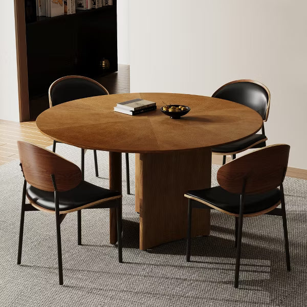 Luck Live Mid-Century Modern 59" Round Dining Table, Wood Veneer Starburst Top, Contemporary Pedestal Base Dining Room Table