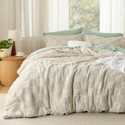 3 Pieces Bedsure Full Size Comforter Set Beige Tufted Checkboard Boho Tufted Checkered Farmhouse Shabby Chic Bedding Valentine gift OEKOTEX Certified