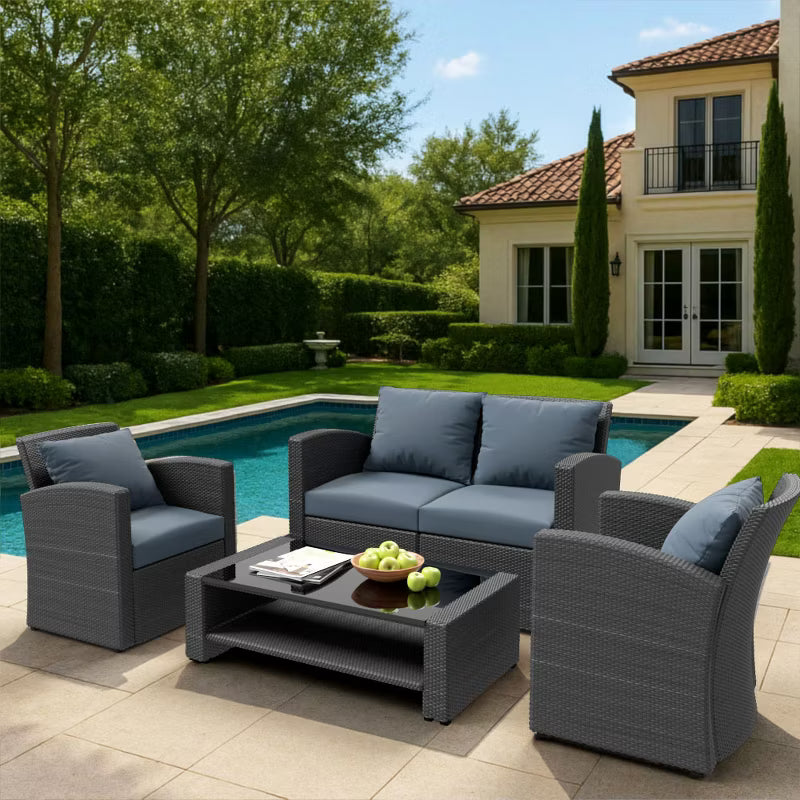 ELJGET 4 Pieces Patio Conversation Set, Outside Rattan Sectional Sofa Furniture Set with Cushion for Garden, Porch, Backyard, Grey