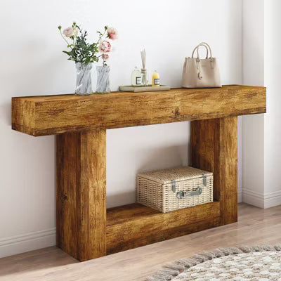 CIPACHO Vintage Brown 63 Inch Farmhouse Console Table 2-Tier U-Base Wood Sofa Table for Entryway