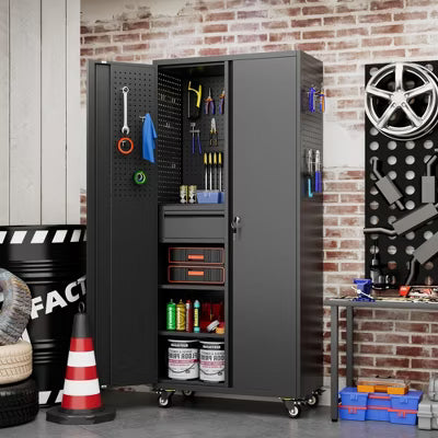 VIYET 71"H All-Black Heavy-Duty Metal Garage Storage Cabinet with Wheels,2 Locking Doors+3 Adjustable Shelves for Home/Office/Garage