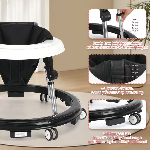 Wismind Foldable Baby Walker with Adjustable Height and Wheels, Portable Anti-Rollover Design-Black