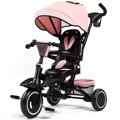 Kinder King 7-in-1 Kids Tricycle with Canopy, Adjustable Push Handle, One-Touch Brake, Lockable Front Wheel, All-Terrain Tires & Storage, Pink