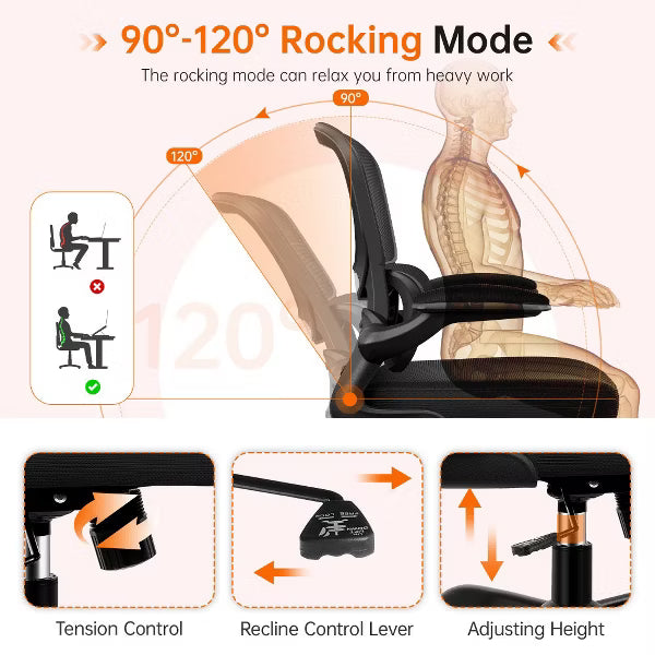 KERDOM Office Chair, Breathable Mesh Comfy Chair with Lumbar Support, Flip-up Armrests, Desk Chair for Adults Home Office, Black