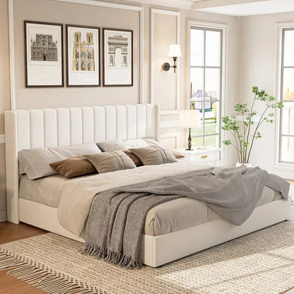AMERLIFE Lift Up Storage Bed Frame with Vertical Channel Tufted Headboard and Wingback