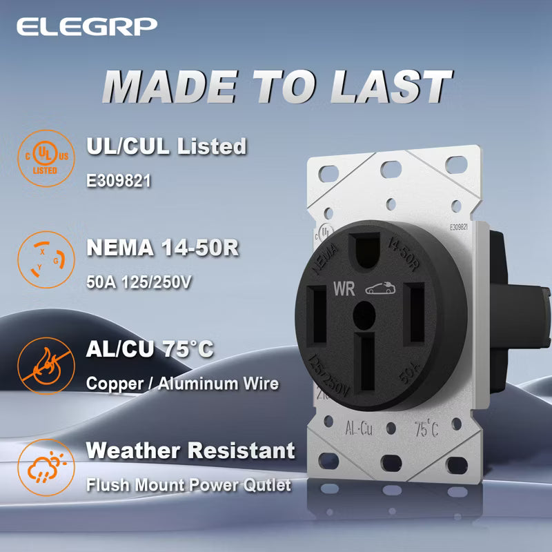 ELEGRP EV outlet, EV Charging 50Amp 125/250V Receptacle Flush Mounting Power Outlet, Heavy Duty Range Receptacle, Grounding, UL Listed, 1 Pack
