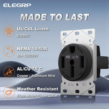 ELEGRP EV outlet, EV Charging 50Amp 125/250V Receptacle Flush Mounting Power Outlet, Heavy Duty Range Receptacle, Grounding, UL Listed, 1 Pack