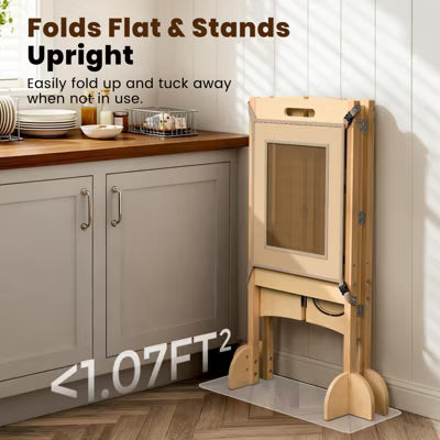 KOLIGEY Toddler Tower Foldable Toddler Kitchen Stool Helper with 2 Step Stool, Safety Net, Adjustable Height