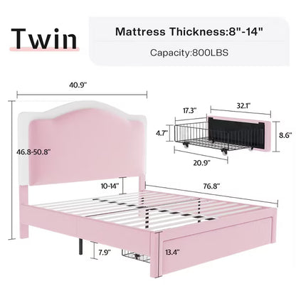 Bed Frame with LED Lights and Charging Station, 50" Tall Storage Headboard