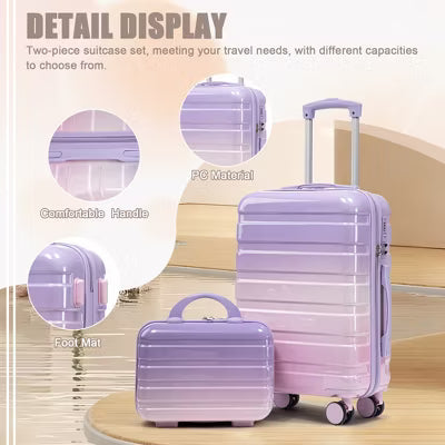 14"/20" 2 pcs/set in PC Spinner Wheel Luggage, Carry on Kid Suitcase, Kid Suitcase wheel, With Gradient Color and Combination Lock, Pink Purple