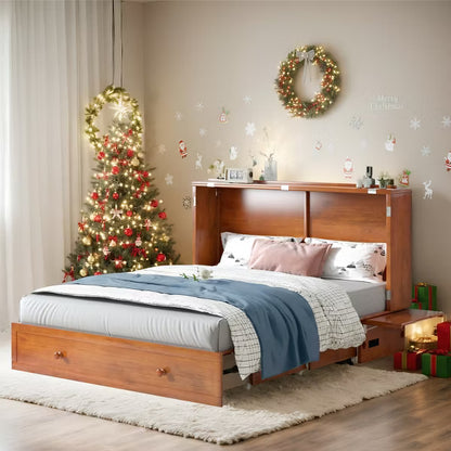 Mjkone Queen Murphy Bed Cabinet with Built-in Charging Station, Drawers, Folding Mattress for Bedroom Guest Room
