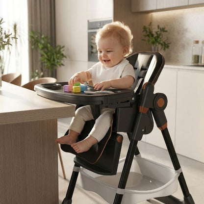 Adjustable Baby High Chair 0-6 Years, Portable Infant Feeding Seat with Safety Belt, Silent Lockable Wheels, Easy-Clean Design for Home, Dining, Black