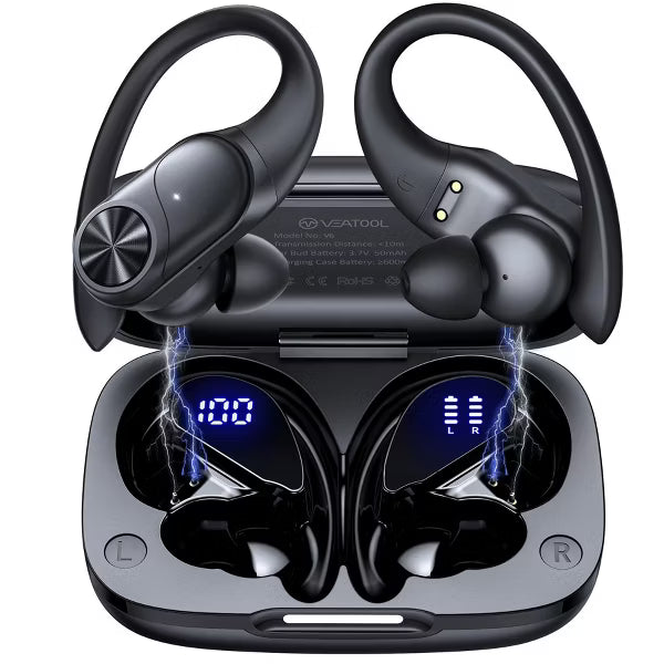 VEAT00L V6 Bluetooth Headphones Wireless Earbuds 88Hrs Playback Sport Ear Buds with Earhook Digital Display Charging Case.