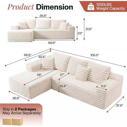 AMERLIFE 106" Modular Sectional Sofa, Oversized Deep Seat Cloud Couch with Plush Corduroy, L-Shaped, Pet-Friendly, No Assembly