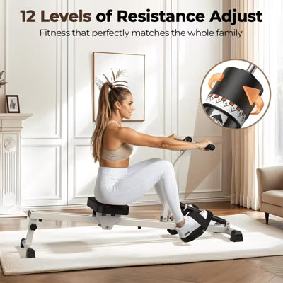 Rowing Machine Rower Exercise for Home Cardio Workouts, Hydraulic Rower With 12 Adjustable Resistance