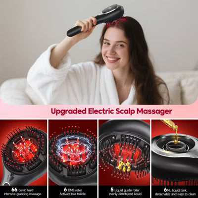 Morfone scalp massager and liquid applicator with red light electric scalp massage comb. 6 EMS roller balls + 650nm red light massage comb.