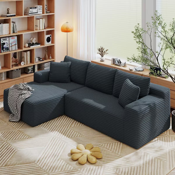 AENKYO 96" L-Shaped Corduroy Sofa, Modern Sectional Couch with High Back, Wide Stripe Fabric, 3-Seat Living Room Sofa