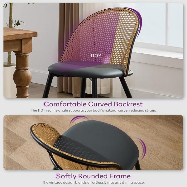 TYBOATLE Rattan Dining Chairs Set of 4, Black Mid-Century Modern Chairs with Faux Leather Cushion & Adjustable Foot Pads for Kitchen or Dining Room