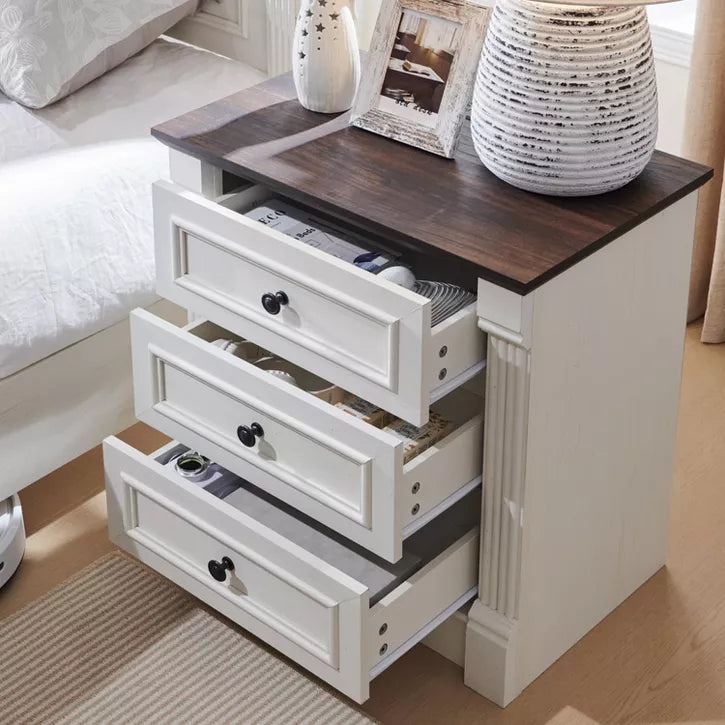 Nightstand with Charging Station & 3 Drawers, Farmhouse 23.6in Wide Nightstands with Roman Column, End Table for Bedroom