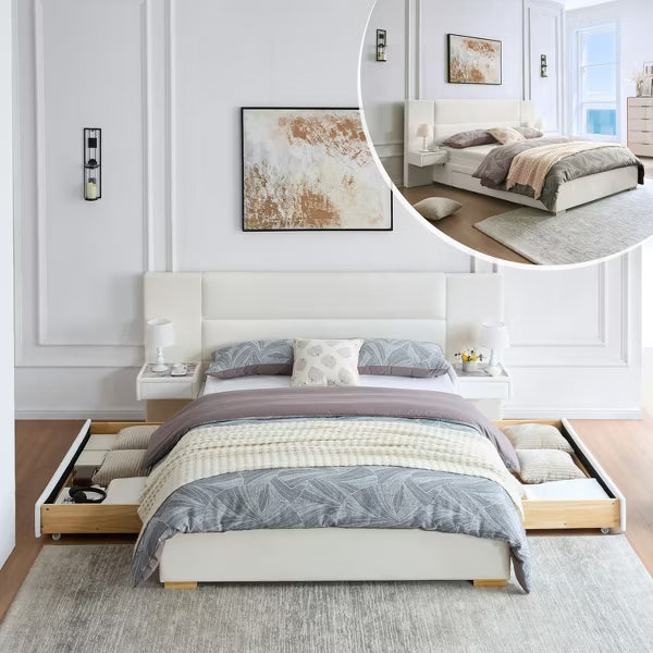 Queen Size Upholstered Platform Bed with Storage Drawers Built-in Nightstands,Sprung Wooden Slats,Noise-Free,No Box Spring Needed,Easy Assembly,White