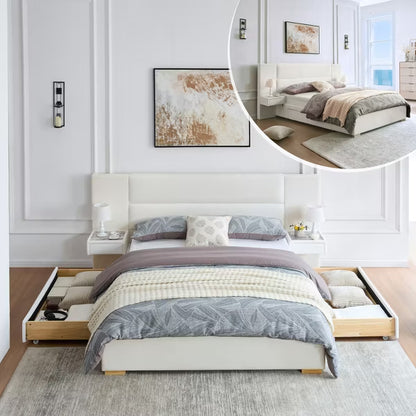Queen Size Upholstered Platform Bed with Storage Drawers Built-in Nightstands,Sprung Wooden Slats,Noise-Free,No Box Spring Needed,Easy Assembly,White