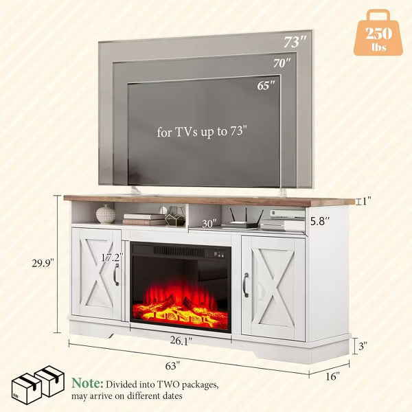 AMERLIFE 63" Farmhouse TV Stand with 26" Fireplace, for TVs up to 73" for Living Room